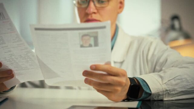 Doctor reviews a patient's documents, scans the medical card and checks the insurance policy while seated in his white office at the clinic, showing careful record-keeping in a professional workplace