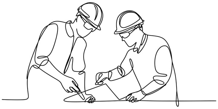 Continuous single line drawing of two construction workers wearing safety helmets looking at a blueprint plan together during a professional building project Vector, illustration