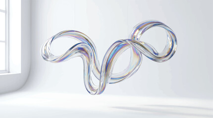 Fototapeta premium Abstract flowing glass ribbon sculpture on white studio background featuring holographic texture with light reflections creating modern decorative artistic element for creative design projects.