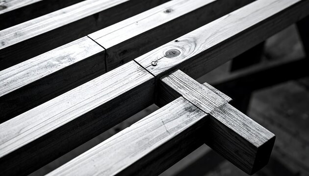 Close-up of a wooden structure, showcasing the joinery and grain pattern, with beams intersecting perpendicularly. Black and white