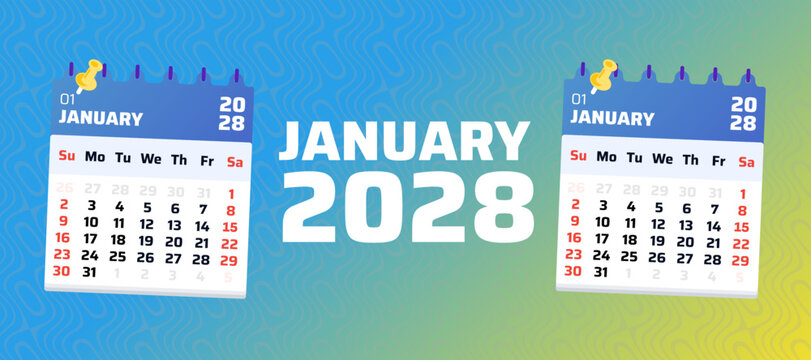 January 2028 calendar banner with decorative background and monthly calendar pages. Suitable for annual planning projects, office presentations, productivity tools, and scheduling concepts