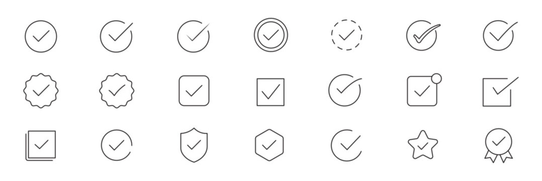 Diverse Checkmark Icons Set: Collection of solid, outlined, boxed, and circled tick marks for approval, completion, correct, yes, and voting symbols in UIUX design. checklist marks, Check tick mark