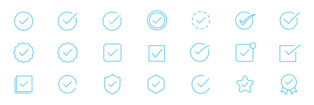 Diverse Checkmark Icons Set: Collection of solid, outlined, boxed, and circled tick marks for approval, completion, correct, yes, and voting symbols in UIUX design. checklist marks, Check tick mark