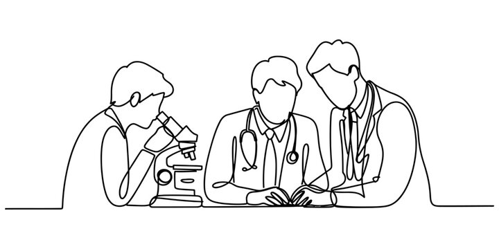 Continuous single line drawing of a group of doctors and scientists working together with a microscope in a laboratory for medical research and healthcare study Vector, illustration