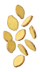 Obraz premium Fresh ginger root slices isolated on transparent background