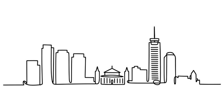 Continuous single line drawing of boston city skyline with tall skyscrapers and historic buildings in a clean minimalist art style for modern urban design Vector, illustration