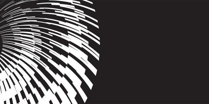 Abstract circular halftone speed lines pattern background. Simple vector illustration of white curved radiating dashed stripes on black backdrop, comic pop art explosion effect, modern graphic design 