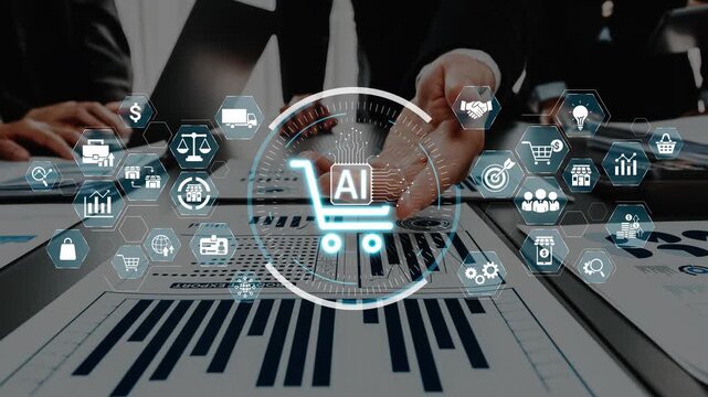 Engaging scene of hands working with analytics data, showcasing an AI symbol in e-commerce. Perfect for illustrating technology and business innovation themes. Raster