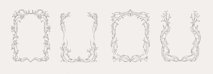 Naklejka na ściany i meble Set of whimsy floral design elements. Botanic frame, corner and borders in wavy and vintage style. Boho leaves and branches for packaging or wedding greeting card. Vector illustration