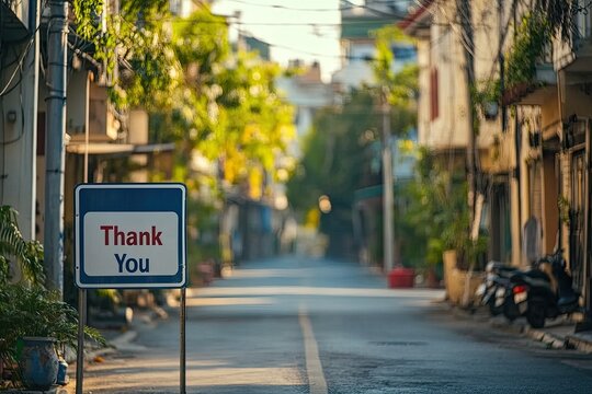 A clean and well-maintained street with a "Thank You" sign for good behavior, encouraging positive actions, 