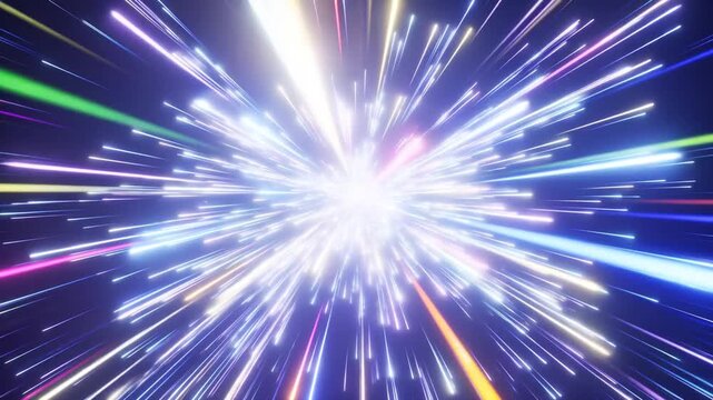 Forward tracking zoom motion of colorful light burst streaks radiating from center through dark space tunnel during hyperspace style acceleration