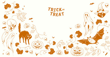 Obraz premium Happy halloween background or card template with hand drawn doodle and stickers of spooky and magic elements pumpkins and skull