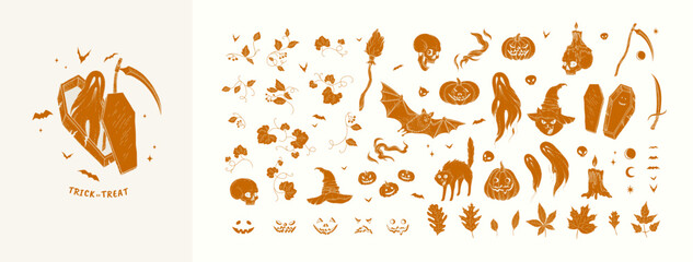 Obraz premium Happy halloween collection of hand drawn doodle and stickers. Big set of spooky and magic elements pumpkins and skull, ghosts and cute cat
