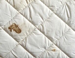 Naklejka premium Close-up of a white, quilted surface with dark brown stains, showcasing texture and imperfections in the fabric
