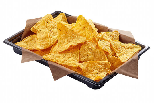 Golden Yellow Corn Tortilla Chips in a Tray with Parchment Paper