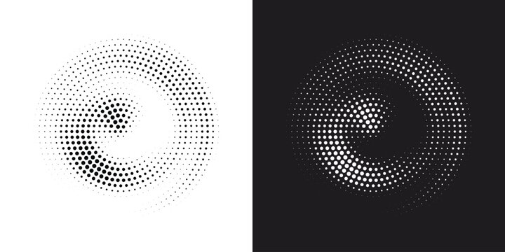 Halftone circle frame background set, dotted round border icon, random halftone dot texture, grunge circular stain effect, vector illustration, raster style design.