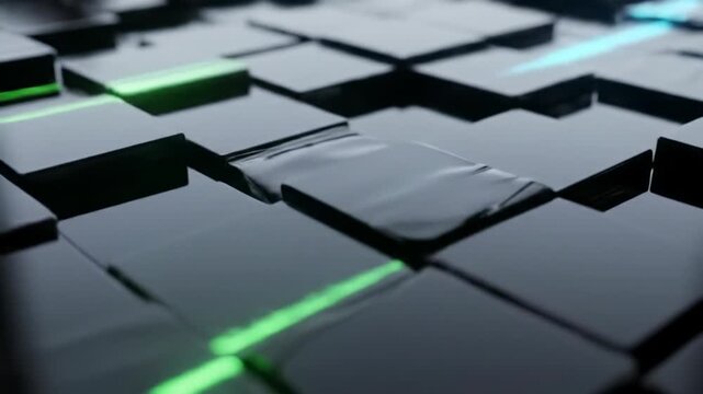 slow push-in video of highly polished, deep obsidian black tessellating cubes with neon green & electric blue volumetric light rays & ethereal lens flares, futuristic CGI render concept