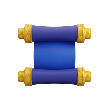 3D render of a blue scroll with ornate gold ends on white background