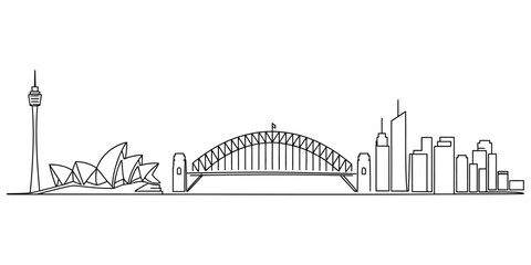 Obraz premium Sydney city skyline hand drawn sketch with famous opera house and harbor bridge landmarks for travel and tourism design illustration Vector, illustration