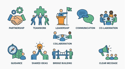 Fototapeta premium Collection of business icons representing partnership, teamwork, leadership, communication, collaboration, guidance, shared ideas, bridge building and clear message.