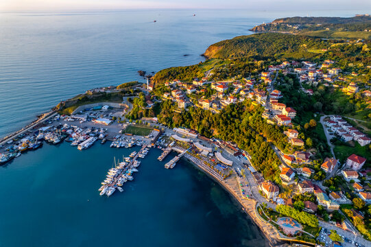 Poyrazkoy in Istanbul, Turkey. Poyrazkoy is the name of a village in Beykoz district, Istanbul Province. Aerial view of Poyrazkoy Port.