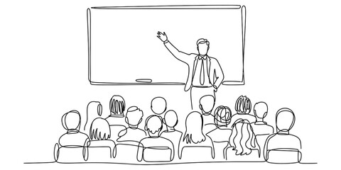 Continuous single line drawing of a male teacher giving a lecture to a group of students in a classroom setting with a large blackboard behind him Vector, illustration © Vector Line Drawing