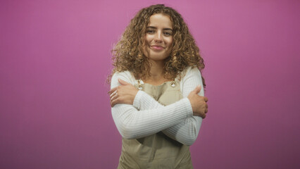 Fototapeta premium Young woman wearing apron hugs herself with crossed arms and visible hands in a studio against a pink backdrop; comfort serenity.