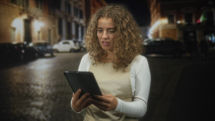 Woman with curly hair holding tablet with both hands, fingers on screen, standing on cobblestone street at night  late night concern. © Krakenimages.com