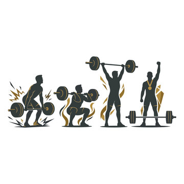 Vector illustration of four weightlifters in various poses with gold accents And, international sports event, multi sport competition, athletics championship, sports tournament, Commonwealth Games