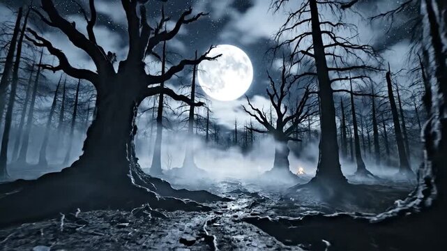 Spooky dead forest with gnarled trees under a bright full moon and starry night sky with ground fog