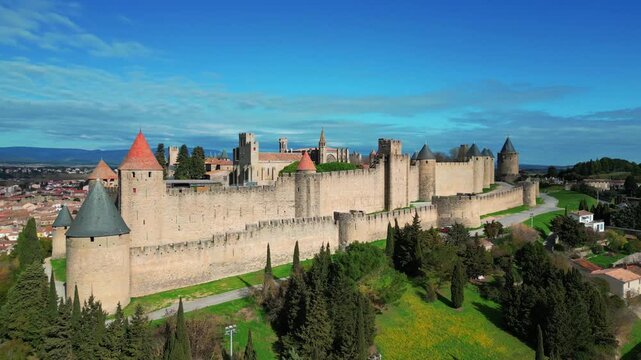 Panoramic view of the medieval city of Carcassonne. Ancient stone walls stretch out beneath a brilliant blue sky, framed by towers with red roofs. France