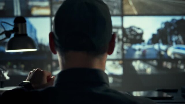 In dim video-surveillance hub, an operator scans rows of monitoring screens, maintaining tight security control over the facility. The low-light room underscores the precision of modern surveillance