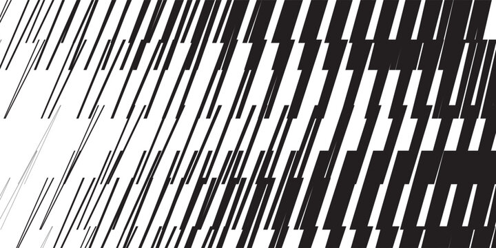 Abstract digital glitch line pattern background. Simple black and white vector illustration of distorted diagonal stripes gradient texture, modern cyberpunk technology layout, and creative optical tra