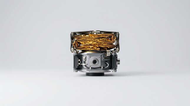 A small satellite component with a gold foil wrapped top and metallic body sits on a white surface against a light gray background with subtle shadows.