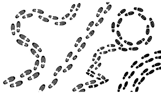 Shoe Tread Footprint Paths Vector Set with Walking Footsteps Trail Isolated on White Background