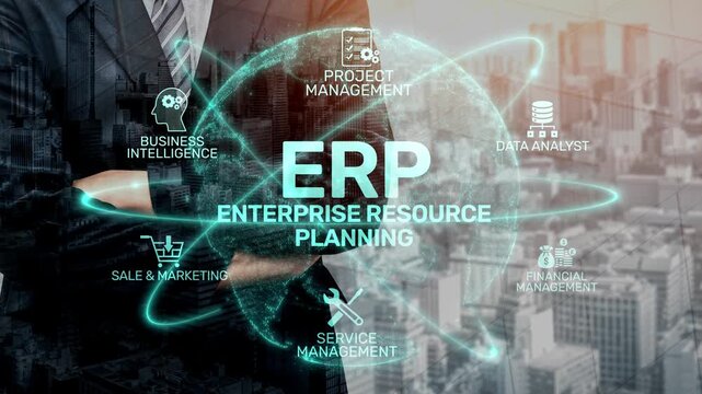ERP platform visual showing centralized system for enterprise resource planning, improving integration, data flow, business efficiency, finance, inventory, and human resources. Muxer