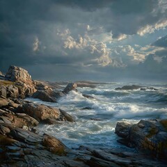 Fototapeta premium Dramatic coastal landscape with powerful ocean waves crashing against jagged rocks under a stormy sky