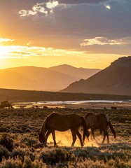 Obraz premium A serene sunset scene of two horses grazing in a vast open field