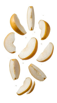 Fresh sliced asian pears falling in the air isolated on transparent background