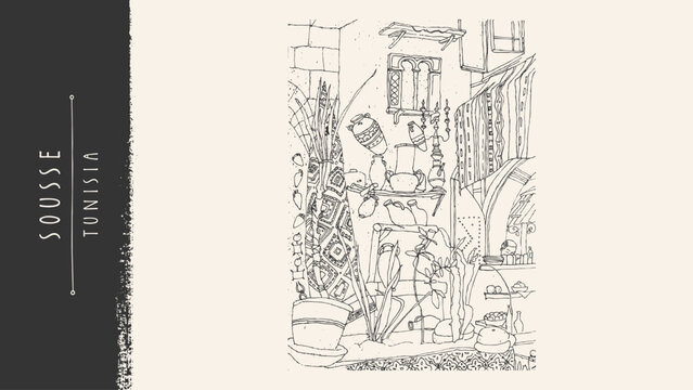 Arabic town hookah cafe sketch postcard. Oriental medieval traditional Medina house. Vintage handdrawn vector illustration, shisha pipe, Islamic architecture, Tunisian, Moroccan and Egyptian travel bg