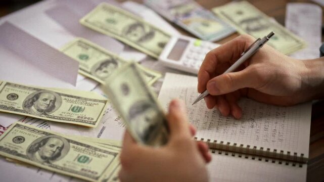 An entrepreneur meticulously records financial indicators in a diary, surrounded by dollar bills, a calculator, and important documents, showcasing careful financial planning and accounting practices