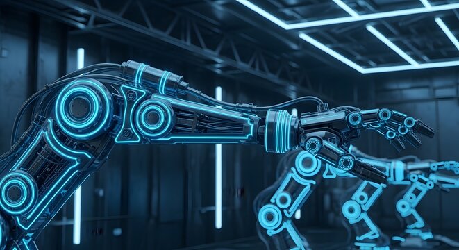 Futuristic robotic arms assembling components in high-tech industrial facility with neon blue lighting