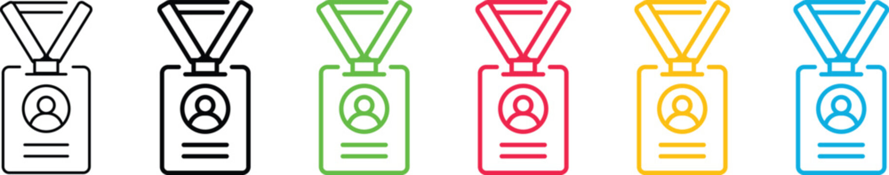 Colorful outline icons of vertical identification badges with lanyards for corporate events, conference passes, staff ID and press credentials.