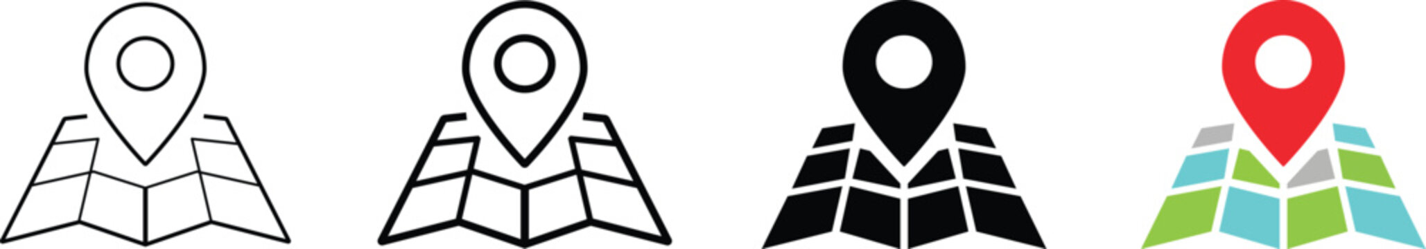 Set of Map pin icon. Location marker and navigation map symbol. GPS navigation, destination search and route planning concept. Travel location sign. Address, direction and place finder pictogram.