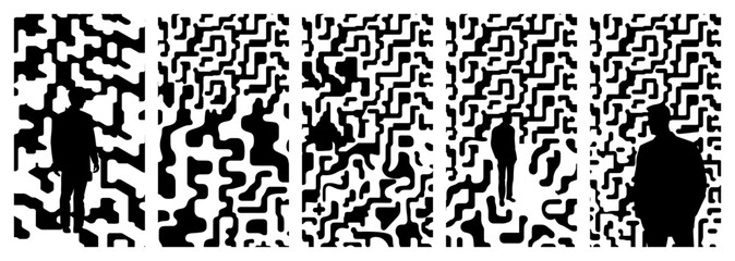 Obraz premium Human silhouettes standing inside complex abstract maze patterns in conceptual art style