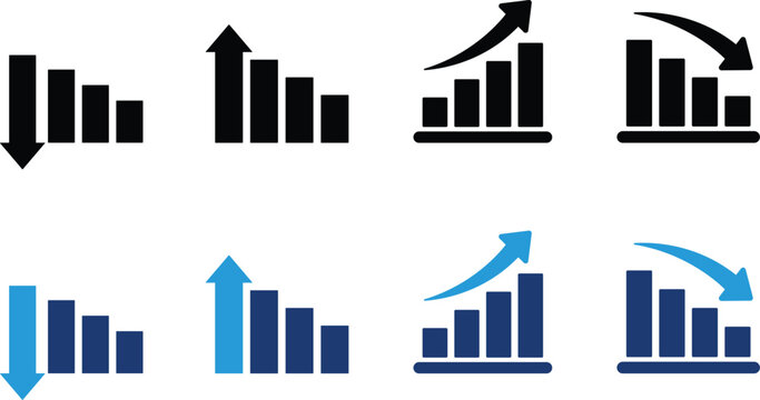 Set of financial bar chart icons with arrows showing upward and downward trends for business data analysis, marketing growth and economic loss.
