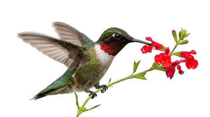 Obraz premium Rubythroated hummingbird hovering and feeding on red salvia flowers isolated on transparent background