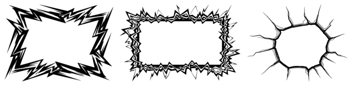 Sharp jagged frames and circular wall crack set in comic book style