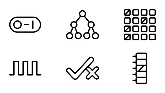 Technology Icons Set: Toggle Switch, Binary Tree, Grid, Waveform, Checkmark, List