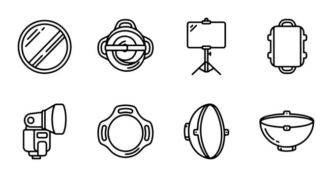 Photography Studio Lighting Equipment Icons, Studio Gear Vector Set, Professional Photo Accessories